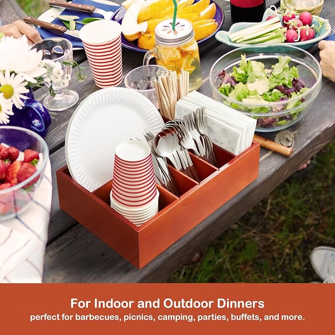Paper Plate and Utensil Caddy for Party - Wooden Paper Plate Organizer for Countertop - Silverware Caddy with 6 Compartments for Cup Fork Spoon Napkin - Cutlery Holder for Kitchen Camping Buffet