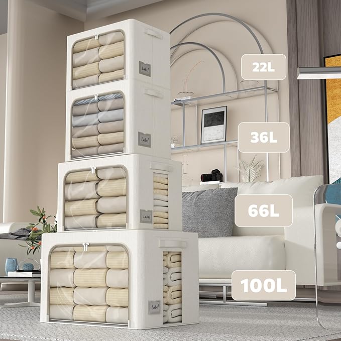 2 Pack Clear Window Storage Bins Large Stackable Linen Fabric Storage for Clothes Foldable Container Organizer Set with Carrying Handles (Lvory White, 15.7x 11.8x 11.7Inch)