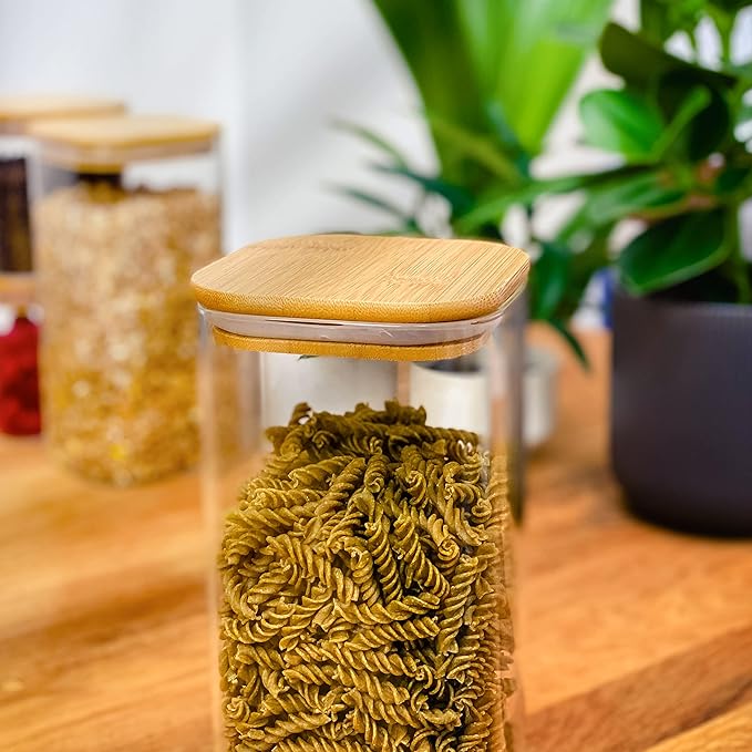 Square Glass Food Storage Jars 50 oz & 24 oz - Set of 4 Kitchen Storage Jars with Bamboo Lid Airtight for Coffee, Flour, Pasta, Cereal, Cookie, Spice and More
