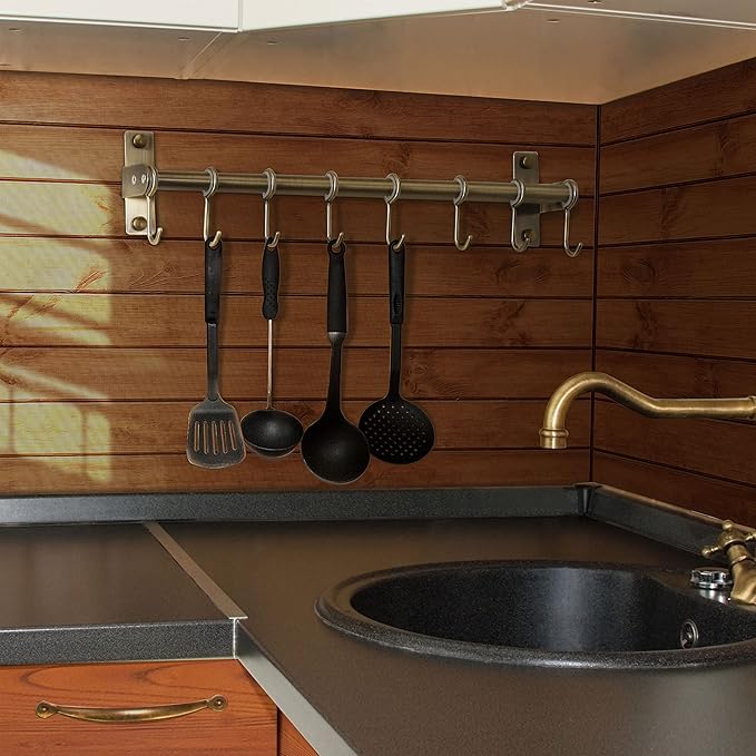DSEAP Pot Rack - Pots and Pans Hanging Rack with 8 Hooks, Double Bars, Wall Mounted, Bronze