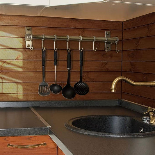 DSEAP Pot Rack - Pots and Pans Hanging Rack with 8 Hooks, Double Bars, Wall Mounted, Bronze