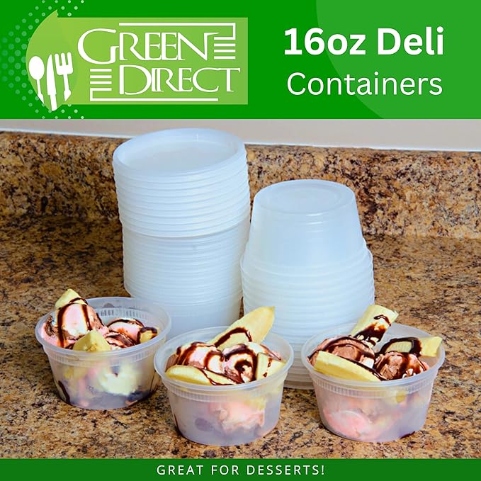 Green Direct 16 oz. Disposable Clear Plastic Containers with Lids 50 Pack, Lunch Leakproof Round Food Storage Containers, Freezer Safe for Food