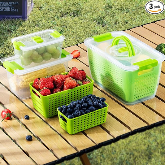 LUXEAR Produce containers for fridge,3 Set Fruit Containers with Removable Colander, BPA-Free Produce Saver Containers with Lids Dishwasher&Microwave Safe Keep Fruits, Vegetables, Berry, Fresh Longer