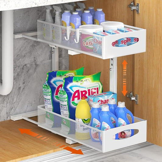 Under Sink Organizer, 2 Tier Metal Pull Out Under Sink Storage with Sliding Mesh Drawers, Height Adjustable Slide Out Under Sink Organizer Shelf for Kitchen Bathroom Cabinet, White