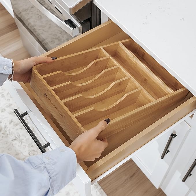 Silverware Organizer - Cutlery, Flatware, and Utensil Holder for Kitchen Drawers, Fixed 10.5” Width, 7 Storage Compartments, Non-Slip Feet, Rounded Corners, 100% Bamboo