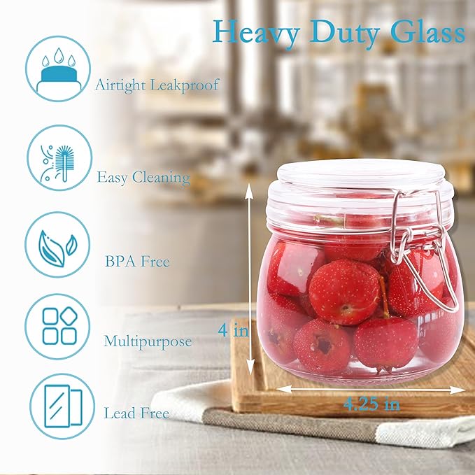 Glass Jars With Airtight Lids 16 OZ 2 Set Wide Mouth Food Storage Canisters Leakproof Sealed Jar Containers With Clamp Lids For Coffee,Sugar, Spices,Snacks, Pickles,Cereal,Tea Bags,Candy,Cookies