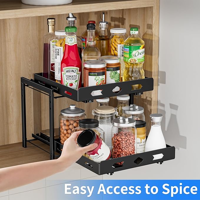 Pull Out Spice Rack Organizer, 2-Tier Vertical Spice Rack, Height Adjustable for Kitchen Cabinet (11.9''Wx10.8''Dx9.2''H, Metal Black)