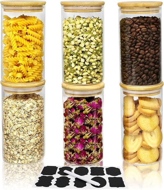 25oz Glass Jars with Airtight Bamboo Lids and Labels, Glass Food Storage Containers for Kitchen Pantry Organization for Coffee Tea Candy Cookie Nuts（6 Pack）