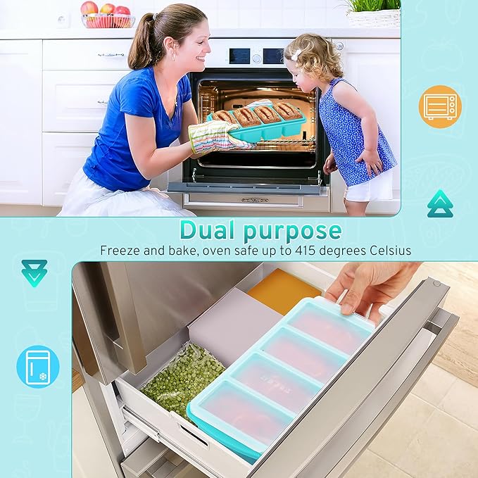 Silicone Freezer Tray with Lid - 1 Cup Silicone Food Tray - Large Ice Cube Freezer Molds - Soup, Sauce, leftovers, Homemade Meal Prep Freezing Kitchen Storage Containers - Aqua - 1-Pack