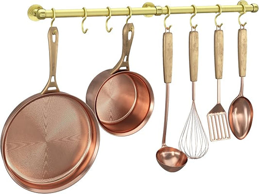 ROTHLEY Stainless Steel Hanging Pot Rack Hanger: 23.7 Inch Brass Pot and Pan Hanger Wall Mounted Hanging Pot Bar Rack Heavy Duty Pot Hangers Kitchen Rail with 8 S Hooks