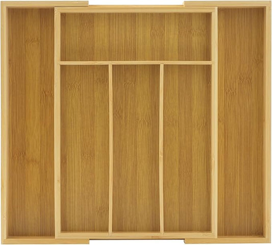 JoyJolt Bamboo Expandable Drawer Organizer for Kitchen Utensils, Adjustable Cutlery Tray, Bamboo Drawer Dividers Organizer for Silverware, Flatware, Knives in Kitchen, Bedroom (4-6 Slots)