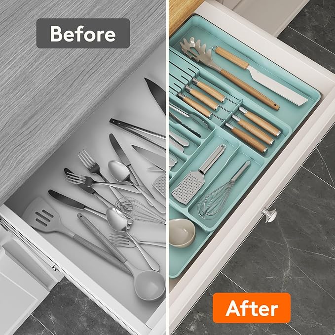 Lifewit Silverware Organizer for Kitchen Drawer, Expandable Utensil Tray with Removable Knife Block, Adjustable Cutlery Flatware Holder, Plastic Spoon Forks Holder Storage Divider, Large, Turquoise