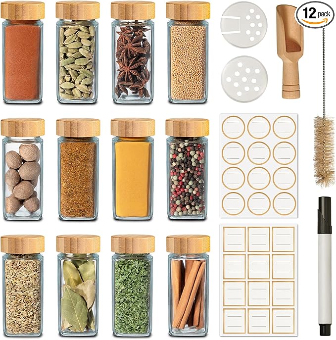 12Pcs Glass Spice Jars with Label - Square Spice Containers 4 oz - Includes Cleaning Brush & Wooden Spoon - Seasoning Jars