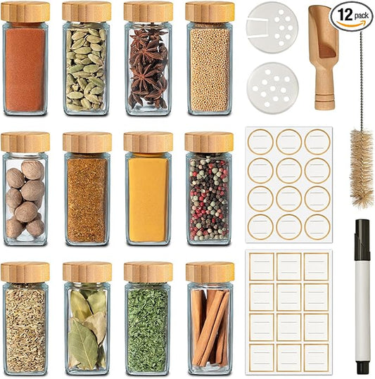 12Pcs Glass Spice Jars with Label - Square Spice Containers 4 oz - Includes Cleaning Brush & Wooden Spoon - Seasoning Jars