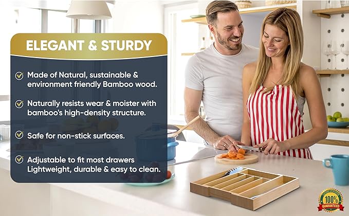 Expandable Bamboo Silverware Organizer Utensil Drawer Organizer Kitchen Utensil Organizer Cutlery Drawer Organizer 5-7 Slot Flatware Organizer For Drawers With Gift Box