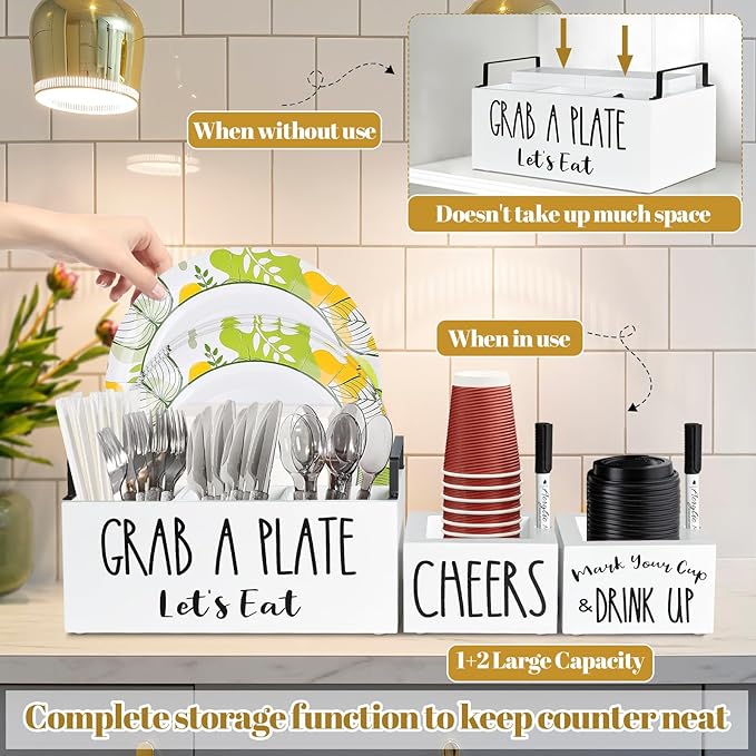 Wooden Paper Plate Dispenser with 2 Cup Holders and Markers - Kitchen Utensil Organizer for Counter, Cutlery Caddy Napkin Holder for Party, Camping, Picnic (White)