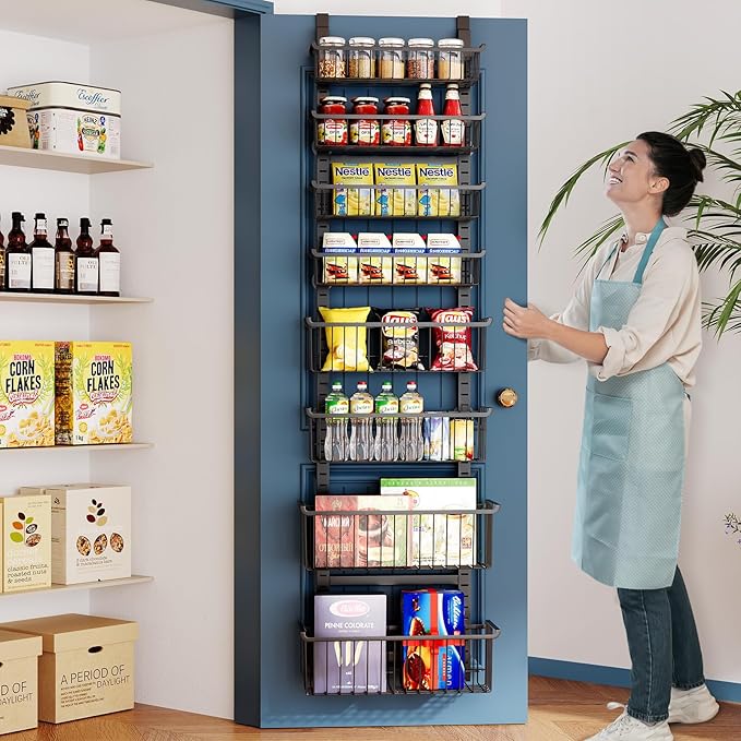 Over The Door Pantry Organizer, 8-Tier Over The Door Organizer with Adjustable Baskets, Metal Hanging Spice Rack for Pantry Organizers and Storage, Suitable for Kitchen Laundry Room & Bathroom, Black
