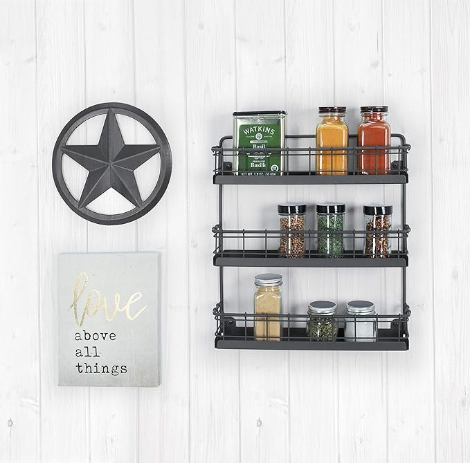 Spectrum Diversified Storage for Kitchen, Pantry, Cabinet, Industrial Gray Vintage Wall-Mount 3-Tier Spice Rack, Large