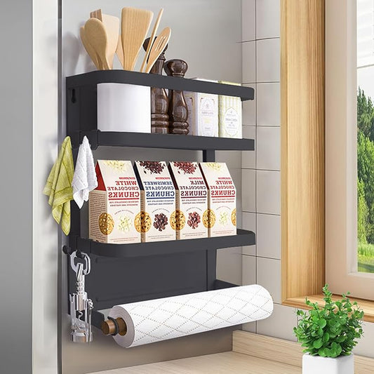 Magnetic Spice Rack For Refrigerator, Magnetic Paper Towel Holder Magnetic Fridge Organizer Magnetic Shelf Spice Rack Organizer Kitchen Organization Kitchen Storage Middle Black