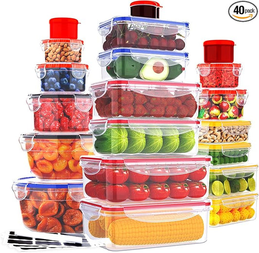 40 Pcs Food Storage Containers with Lids Airtight- Plastic Meal Prep Container for Pantry Kitchen Organization, Microwave, Dishwasher, Freezer Safe -100% Leak Proof (20 Stackable Boxes-20 Lids)