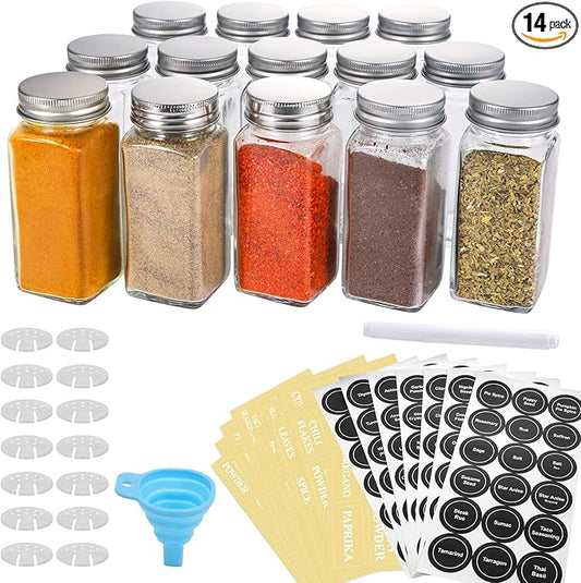 AOZITA 14 Pcs Glass Spice Jars with Spice Labels - 4oz Empty Square Spice Bottles - Shaker Lids and Airtight Metal Caps - Chalk Marker and Silicone Collapsible Funnel Included
