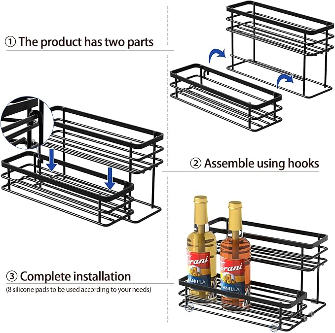 8 Bottle Coffee Syrup Organizer Rack, 2 Tier Coffee Syrup Stand Holder for Coffee Bar, Coffee Syrup Organizer for Countertop, Small Wine Rack for Family, Storage for Syrup, Dressing, Black