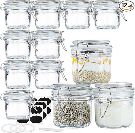 Folinstall 7 oz Glass Jars with Airtight Lids 12 Pcs, Small Mason Jars with Hinged Lids for Kitchen Storage, Canning and Pantry, Includes 3 Replacement Silicone Gaskets and Chalkboard Labels