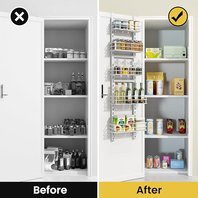 Pantry Door Organizer 12 Inch Wide, 5 Tier Hanging Adjustable Over the Door Spice Rack For Narrow Space,Matt White