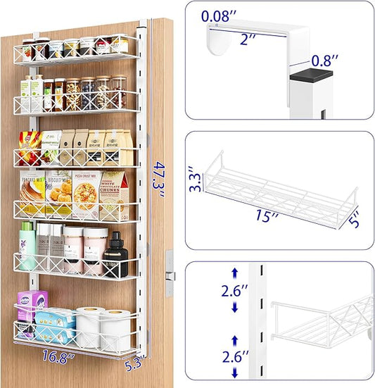 Over the Door Organizer, White 6-Tier Pantry Door Organizer with Adjustable Basket, Hanging Spice Rack Cabinet Door Shelves, Laundry Room Organization and Storage