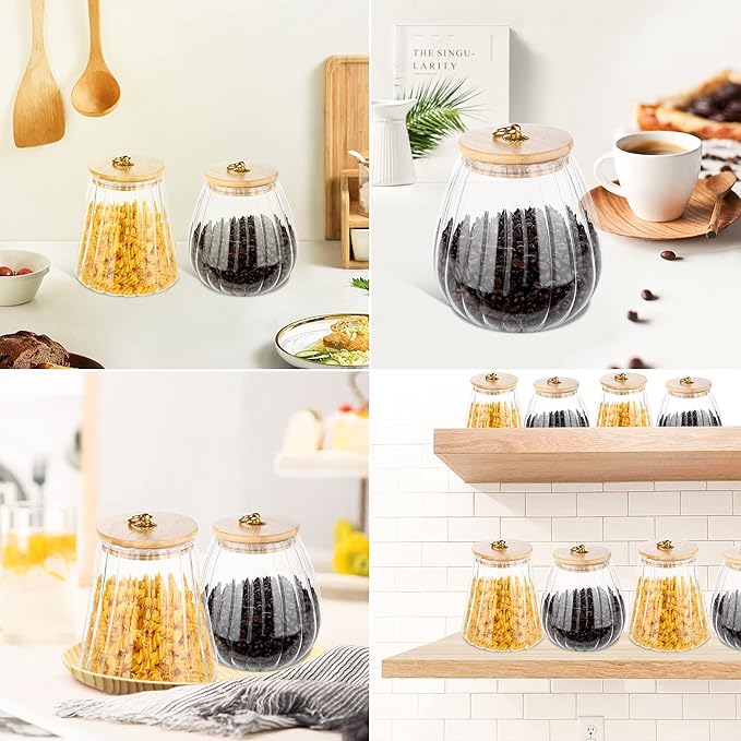 FANTESTICRYAN Glass Coffee Nuts Canister Airtight Storage Jar Petal Decorative Container with Bamboo Lid Metal Handle Easy to Grasp 1600ml, 54 FL OZ (Large Conical)