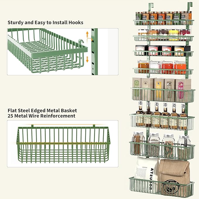Moforoco Sage Green Over The Door Pantry Organizer, Pantry Door Organizer Shelves, Kitchen Organizers and Storage, Hanging Basket Wall Spice Rack Seasoning Shelves