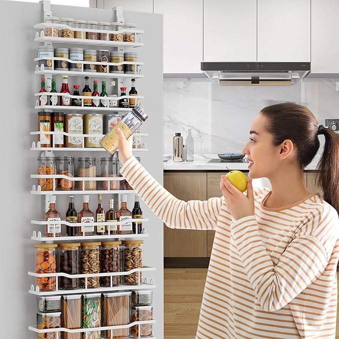 Over The Door Pantry Organizer, 9-Tier Over The Door Organizer with Adjustable Baskets, Metal Hanging Spice Rack for Pantry Organizers and Storage, Suitable for Kitchen Laundry Room & Bathroom, White