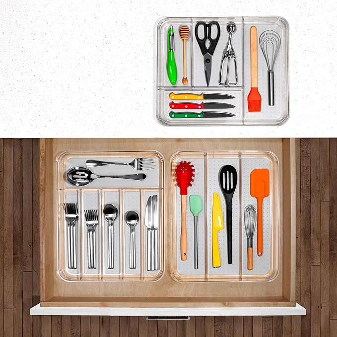 madesmart Silverware Tray - Large | Light Grey | Clear Soft Grip Collection | 6-compartment | Soft-grip Lining | Non-slip Feet | BPA-free