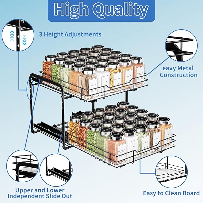 2-Tier Spice Rack Organizer, Pull Out Spice Rack for Cabinet, Height Adjustable Heavy Duty Metal Basket for Inside Cabinets & Pantry (11.5''Wx10.5''Dx9.5''H)