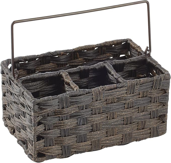 mDesign Plastic Woven Divided Cutlery Storage Organizer Caddy Tote, Basket Holder for Kitchen Table, Cabinet, Pantry, Hold Silverware, Forks, Knives, Spoons, Napkins and other Utensils, Espresso Brown