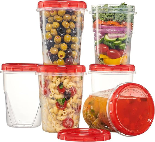 PLASTICPRO 6 Pack Twist Cap Food Storage Containers with Red Screw on Lid- 32 oz Reusable Meal Prep Containers - Freezer and Microwave Safe Red Plastic Food Storage