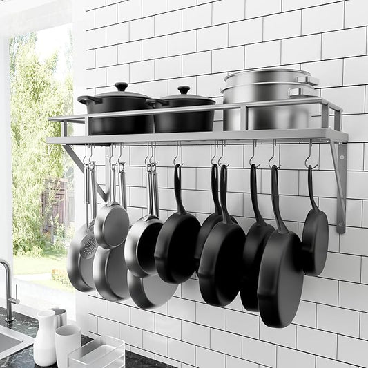 KES 30-Inch Silver Gray Pot Rack, Wall MountedHanging Pot and Pan Organizer with 12 Sturdy Hooks, Kitchen Wall Hanger Shelves Modern, KUR215S75A-SG