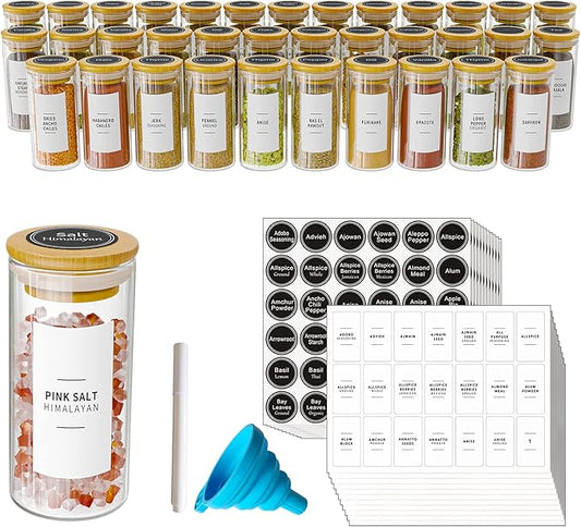 SpaceAid 36 Pcs Spice Jars with Bamboo Lids and Labels, Empty 4oz Glass Spice Bottles, Minimalist Farmhouse Spice Labels Stickers with Funnel, Seasoning Containers for Spice Rack, Cabinet and Drawer