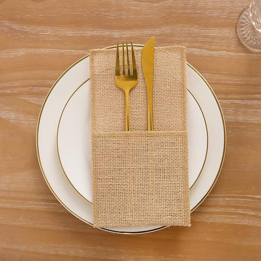 AOKQYA 10PCS Burlap Utensil Holder Pouch Rustic Jute Silverware Organizer for for Weddings, Picnics & Kitchen Reusable Cutlery Caddy with Pockets(Natural)