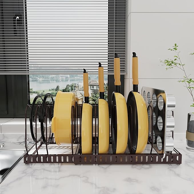 Pot And Pan Organizer Under Cabinet, Expandable Pans and Pots Organizer Rack Pot Lid Holder Shelf with 12 Different Size Dividers (12 Brackets-Brown)