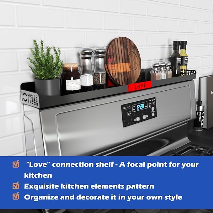 Magnetic Spice/Seasoning Shelf, 30" Length, Organizer for Stove Top & Kitchen, Black With Red Love