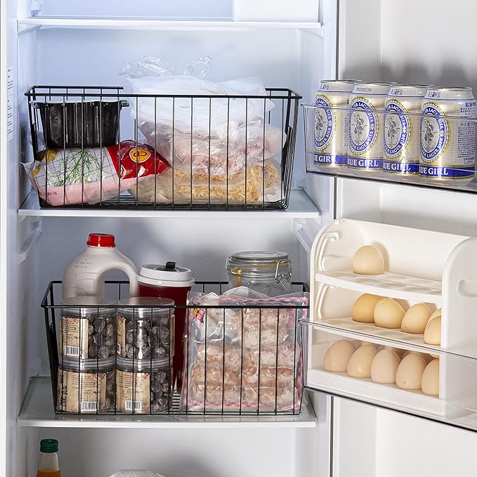 16inch Freezer Wire Storage Organizer Baskets, Household Refrigerator Bin with Built-in Handles for Cabinet, Pantry, Closet, Bedroom