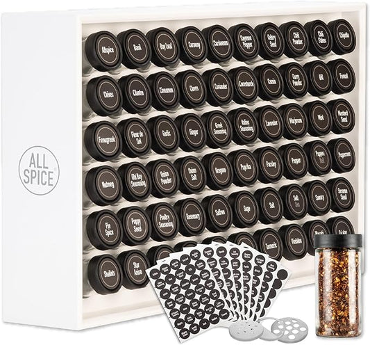 AllSpice Wood Spice Rack Organizer, 525 Unique Labels, Countertop or Wall Mount, Includes 60 4oz Jars- Matte White