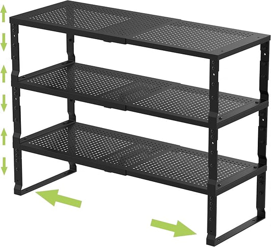 Expandable Adjustable Stackable Kitchen Organizer, Spice Rack,Metal Pantry Storage Shelves Racks,Counter Shelf for Cabinets, Countertop, Cupboard(3 Packs/Medium/Black)