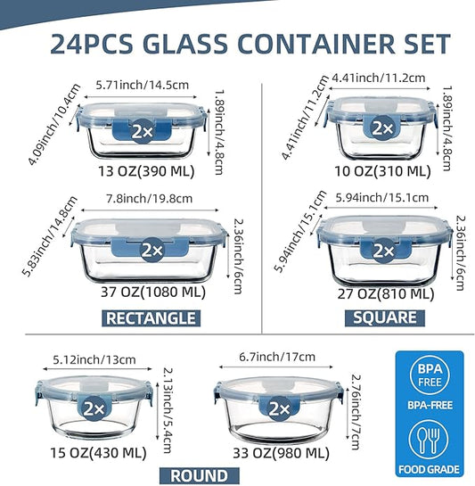 UMEIED 12 PACK Glass Food Storage Containers with Leak Proof Lids, Glass Airtight Meal Prep Containers Set for Lunch, On the Go, Leftover, Kitchen Pantry Organizers and Storage (Grey Blue)