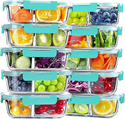 VERONES 10 Pack Glass Meal Prep Containers 2 Compartment Set, 30 OZ Airtight Glass Lunch Containers, Glass Food Storage Containers with Lids, for Microwave, Oven, Freezer & Dishwasher Friendly，Green