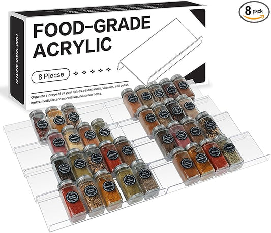 Goabroa Expandable Spice Organizer, 8 Pack 4 Tier Clear Spice Rack, 13" to 26" Wide, Kitchen Spice Organization for Drawer/Countertop