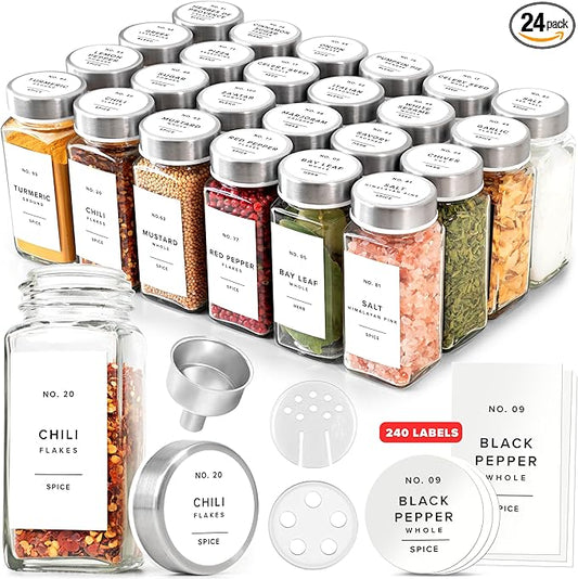 Glass Spice Jars with Label and Stainless Steel Lids (24 x 4oz) Spice Containers with 240 Labels, Shaker Inserts, Steel Funnel, Empty Square Empty Square Seasoning Organizer