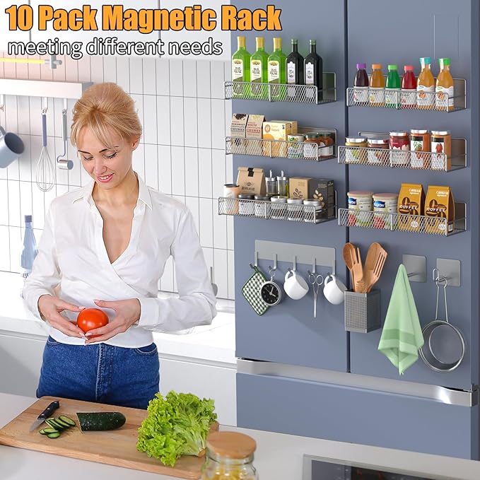Grey Metal Spice Rack for Refrigerator, 10 Pack Moveable Magnetic Shelf Organizer with Hook Rack, Paper Towel Holder, Kitchenware Holder, Strong Magnetic Storage Fridge Organizer