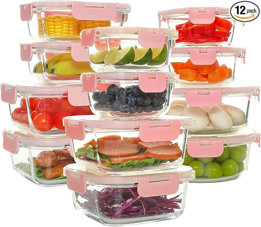 C CREST 12 Pack Premium Glass Locking Lids Storage Containers Set, Mix of Shapes and Sizes for Meal Prep and Versatile Use